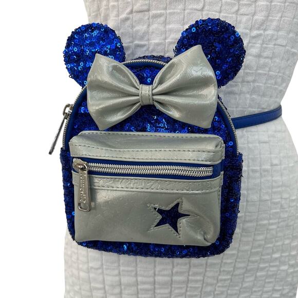 Disney Loungefly Minnie Mouse Sequin Mini Backpack Wristlet Belt Bag BLUE - Picture 1 of 11